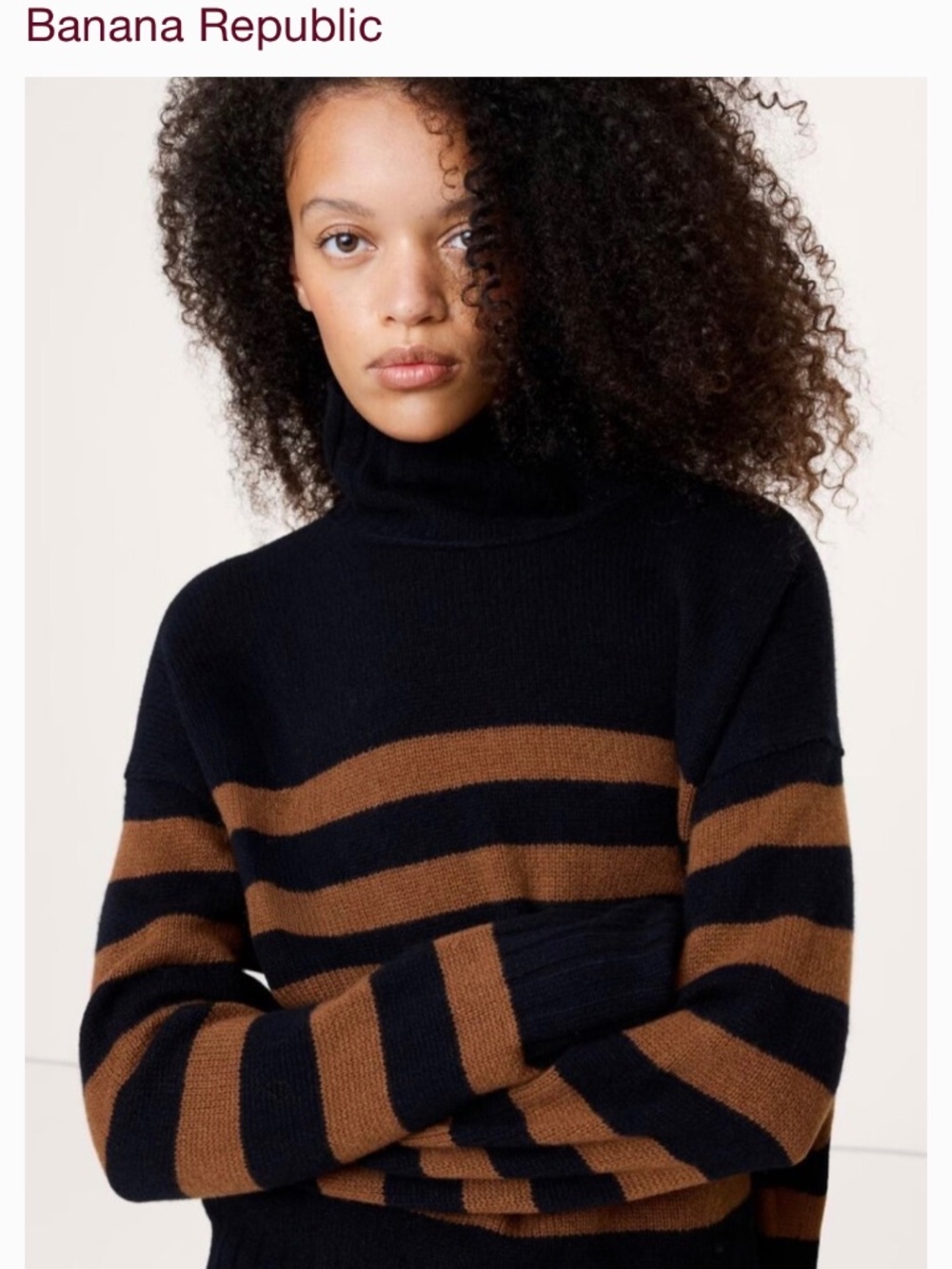 Banana Republic Oversized Cashmere Funnel Neck in Black with Caramel Stripes